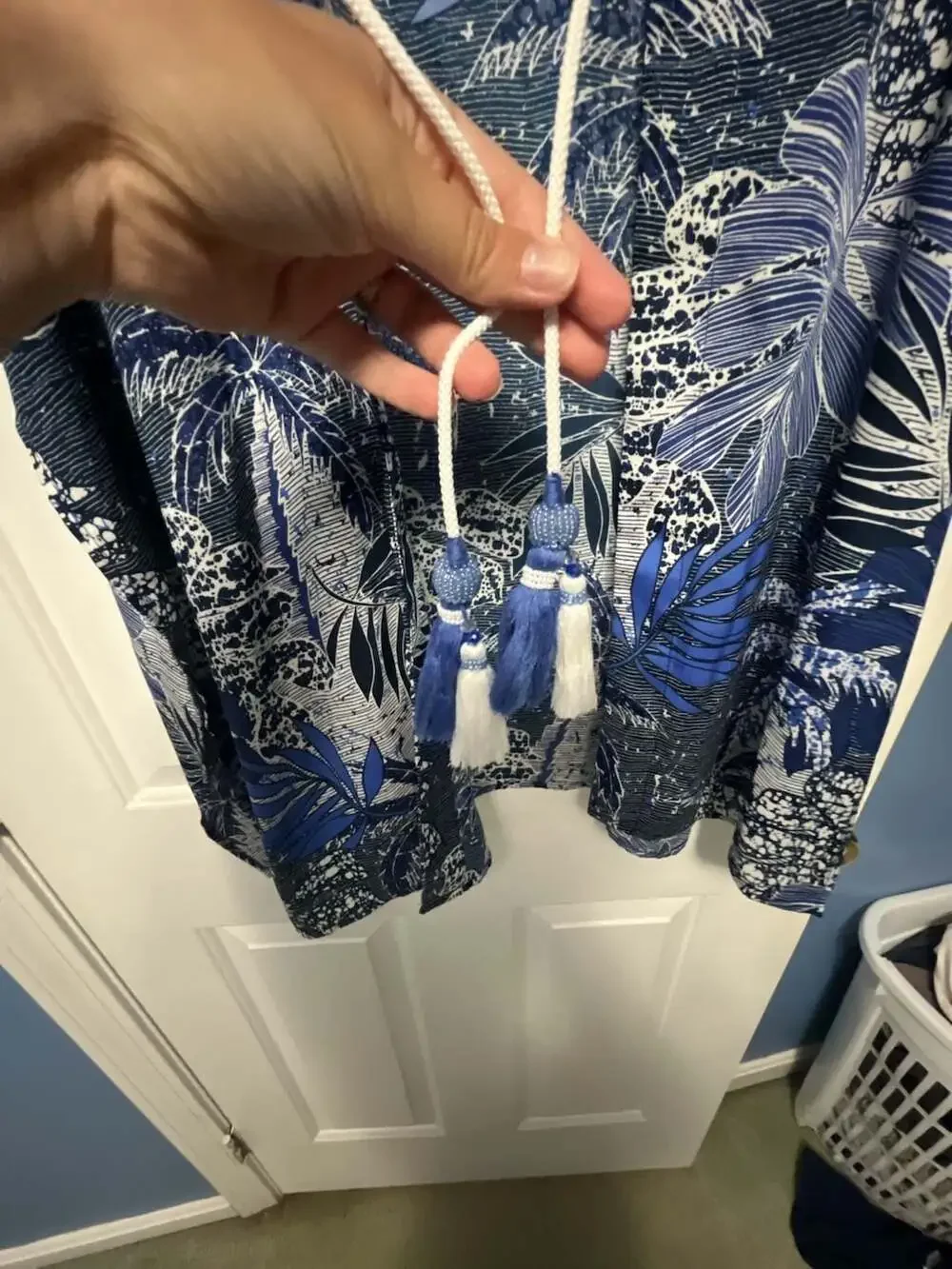 Chico's Blue Tropical Palm Leaf Print Kimono Swim Cover-Up with Tassels